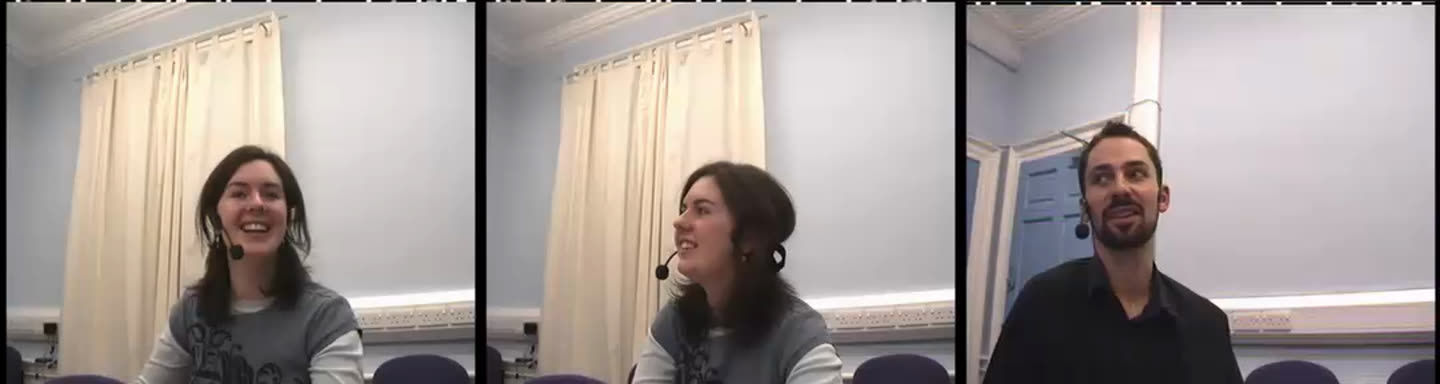 Three moments of a cut of a four-camera meeting: the chair on her close-up, the room on the wide, a colleague on his close-up.