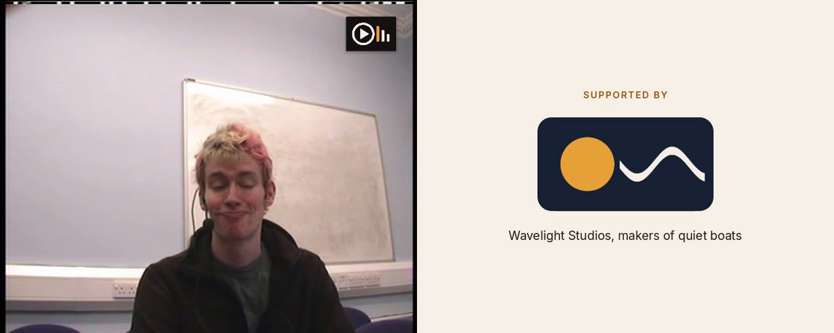 Left: a meeting with a small logo on a dark plate in the top right corner. Right: a full-frame card on a cream ground reading Supported by, a dark tile with an amber disc and a white wave, and Wavelight Studios, makers of quiet boats.
