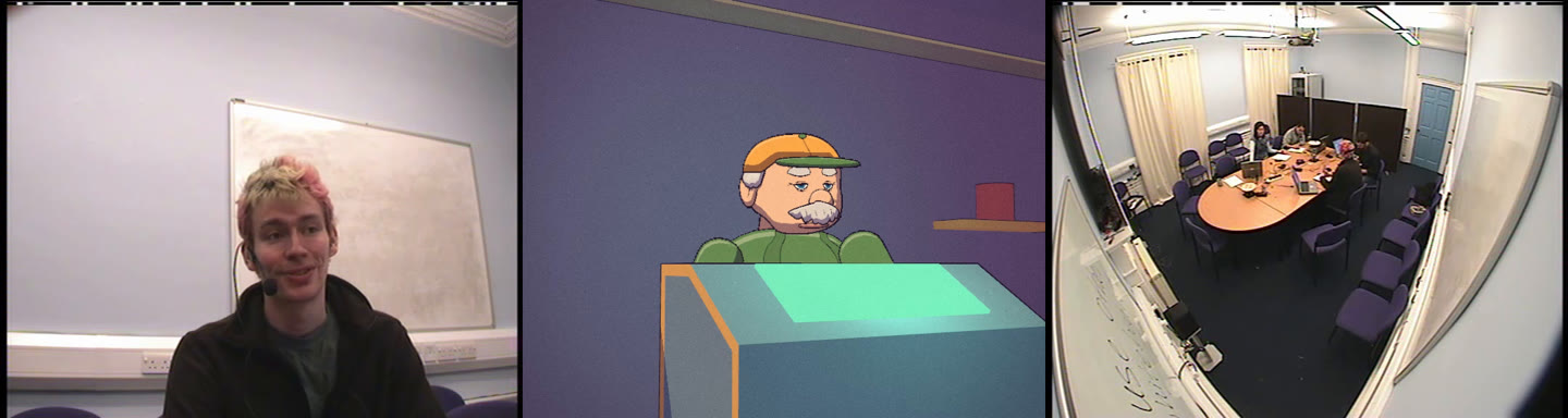 Three frames: a meeting participant on his close-up, then a cartoon captain in a cap at a console, then the meeting room on the wide camera.