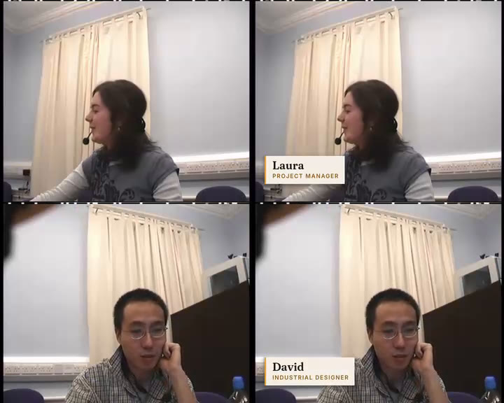 Two people in a meeting, each shown without and with a lower third naming them: Laura, Project Manager; David, Industrial Designer.