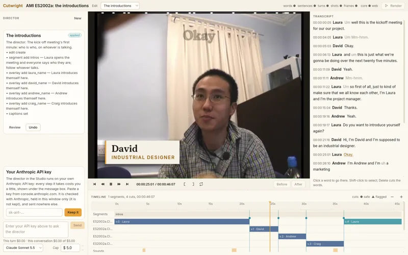 Cutwright Studio on a real meeting: the Director pane on the left with an applied proposal, the viewer in the middle showing a man on his close-up with his lower third, the transcript on the right, and the timeline below cutting between four close-ups.